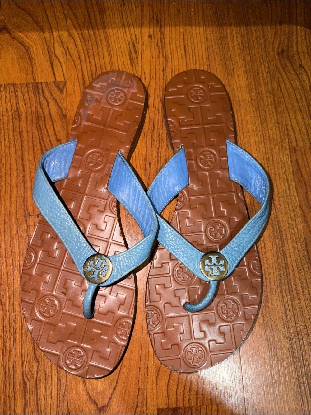 Tory Burch Light Blue Leather Logo Flip Flops